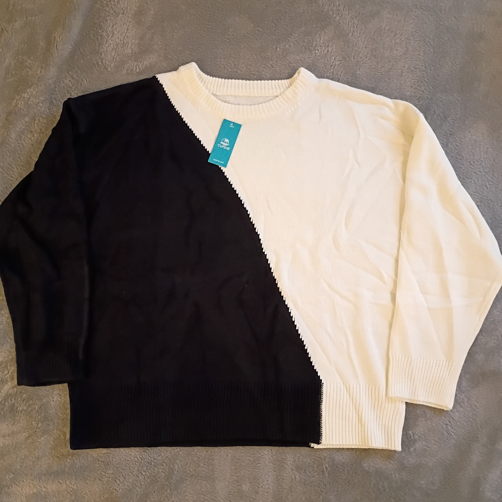Cupshe Black & White Diagonal Colorblock Crewneck Sweater